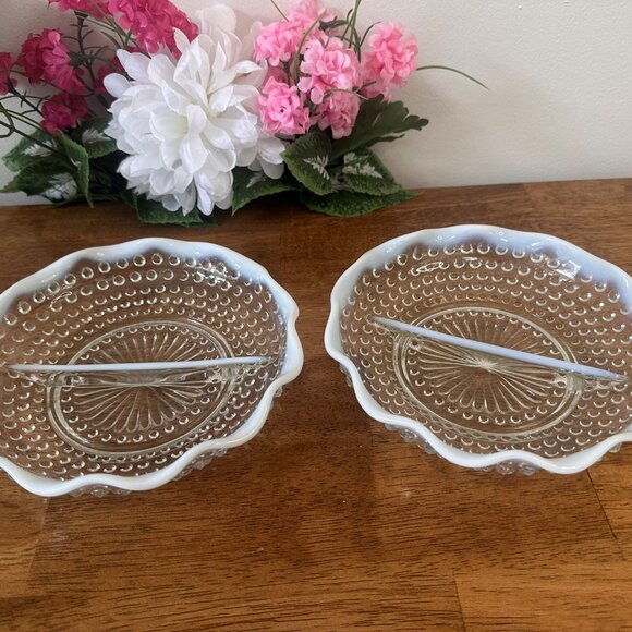 Pair of Anchor Hocking Moonstone Hobnail Divided Dishes Opalescent Depression - Picture 4 of 5